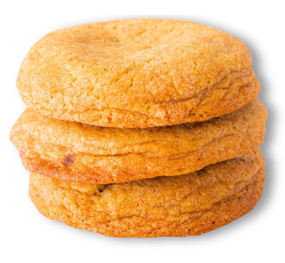 Three golden-brown pumpkin spice cookies stacked vertically on a clean white background.